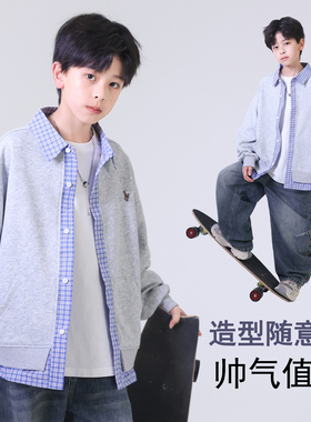男童外套春秋款2026新款中大童假两件拼接格子翻领外套儿童衬衫潮
