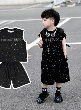 男童夏季潮酷背心套装2026新款男孩时髦炸街T恤两件套男宝坎肩潮t