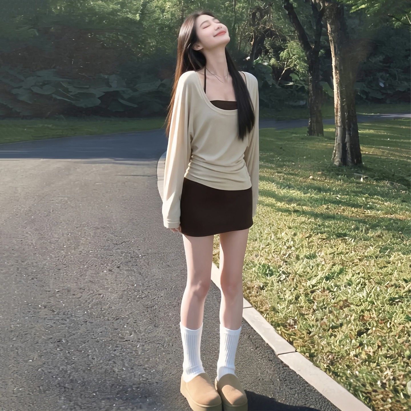韩系秋冬季吊带连衣裙子一整套装女新款初冬韩系包臀裙超火两件套