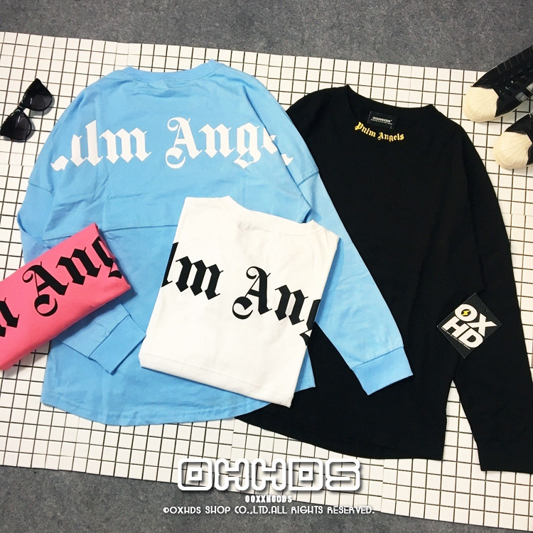 包邮欧美哥特字母印花蝙蝠落肩袖oversize情侣宽松长袖T恤打底衫
