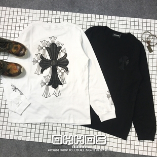 T恤oversize 2023欧美潮流ins皮质PU十字架情侣圆领上衣长袖 包邮