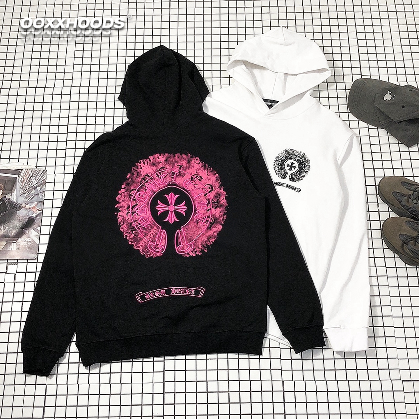 烟熏印花刺绣马蹄十字架连帽衫个性街头酷潮帅宽松潮牌情侣装卫衣