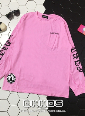 包邮粉色系少女宽松os男友boyfriend打底哥特梵文十字架长袖T恤衫
