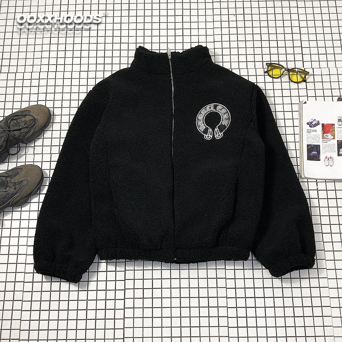 羊羔绒防寒保暖黑色贴皮刺绣立领拉链外套情侣十字架慵懒时尚休闲