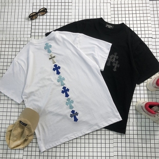 爆帅串标蓝白间皮质金属十字架轻奢华风欧美ins潮牌棉男女短袖 T恤