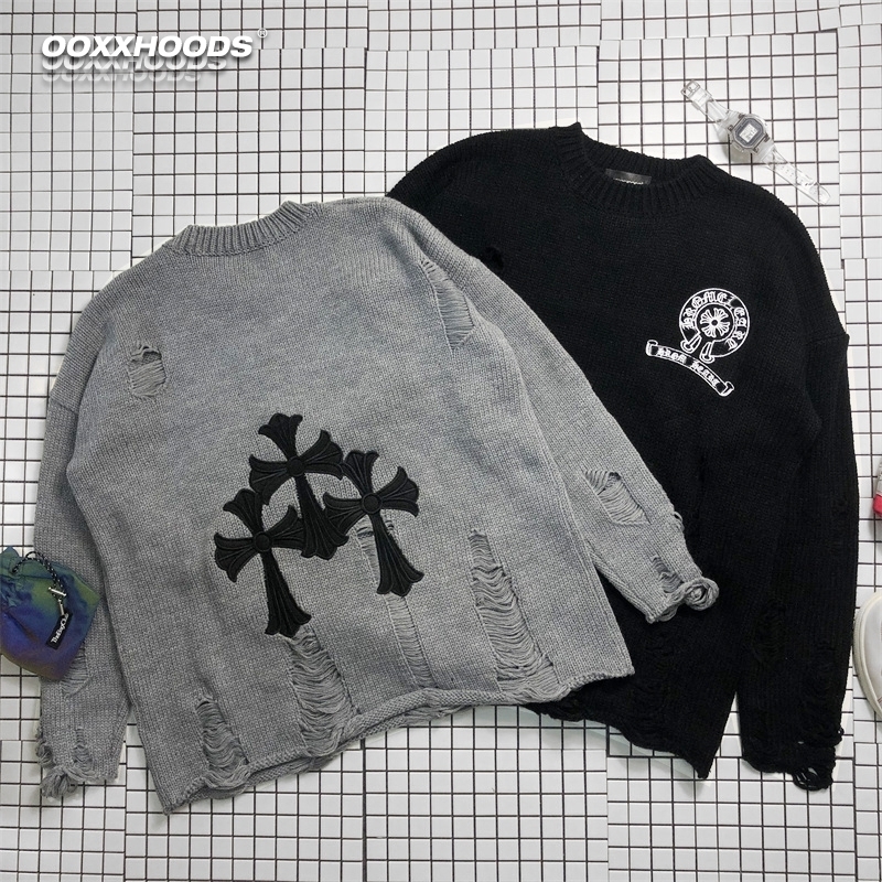 糜烂针织毛衣套头拉丝十字架布绣