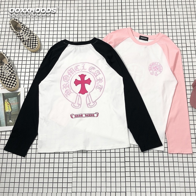 春秋立体刺绣马蹄哥特字十字架长袖T恤个性街头情侣装拼色牛角tee