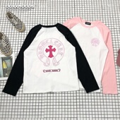 街头情侣装 春秋立体刺绣马蹄哥特字十字架长袖 T恤个性 拼色牛角tee