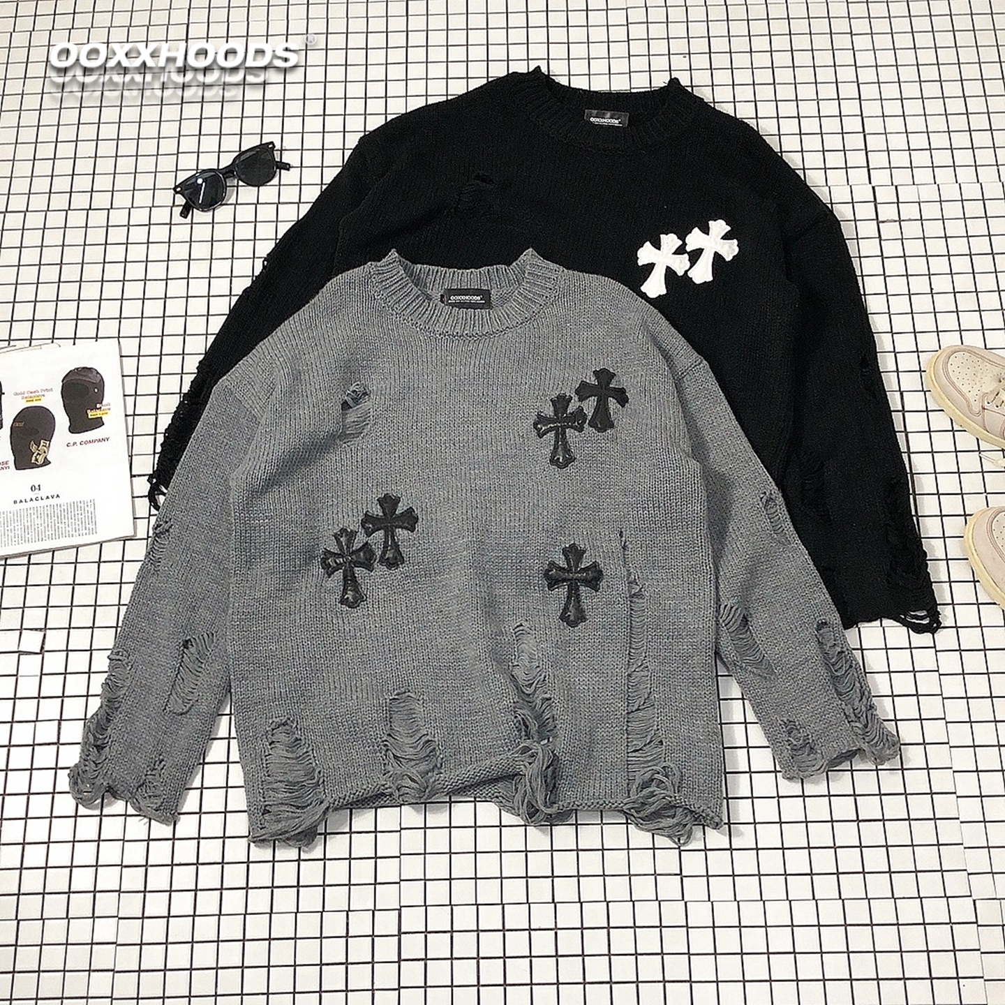 =翻边穿窿破洞=套头针织十字毛衣