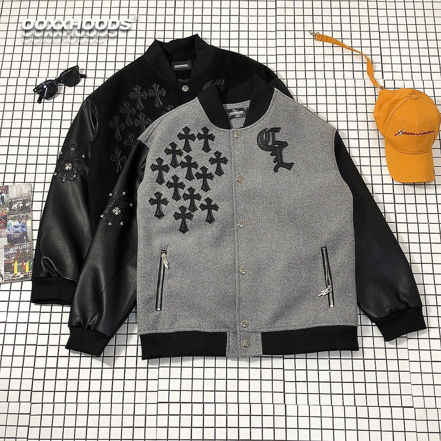 十字架串奢华高档质感皮袖棒球服