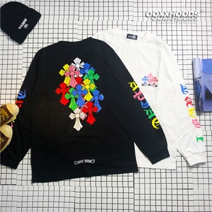 彩色缤纷世界十字架多logo花臂印花打底tee宽松oversize潮长袖 T恤