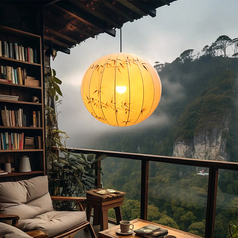 新中式禅意手绘墨竹圆形灯笼