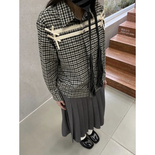 「格雷系」正版Marchen中性风简约衬衫上衣蝴蝶结格子半身裙套装