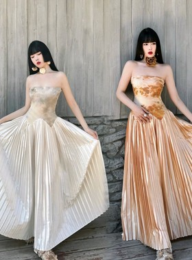 EVAN正版现货】买手店版pengtai植物染弹力抹胸百褶长裙A字连衣裙