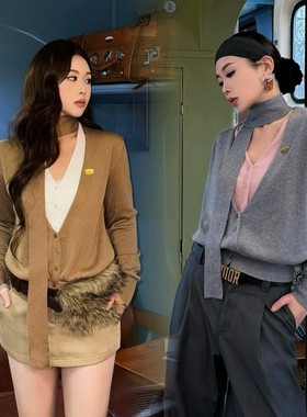 EVAN【正版Lacer*a | 祝绪丹同款】极简小香风粉灰飘带针织上衣女