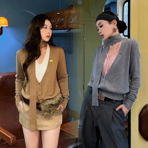 EVAN【正版Lacer*a | 祝绪丹同款】极简小香风粉灰飘带针织上衣女