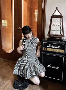 EVAN正版现货】甜美设计感灰色格纹蛋糕蓬蓬裙高腰收腰短裙连衣裙