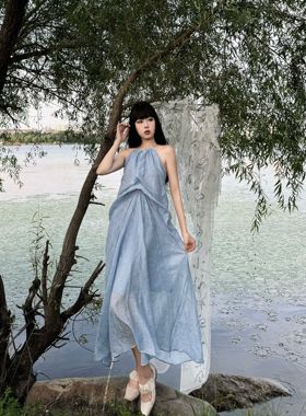 孤品现货】24蓝色设计感刺绣礼服晨袍挂脖露背吊坠长裙度假连衣裙