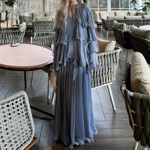 EVAN亿万【对版现货】into*st | 雾蓝褶皱上衣真丝百褶半裙度假裙