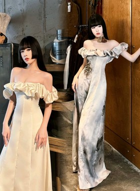 25 孤品限量款】24ss买手店pengtai植物染垂坠感一字肩显瘦高长裙