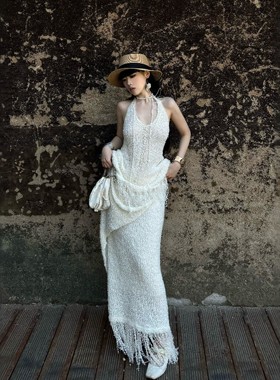 孤品7折【对版现货】设计感elywod白色针织背心上衣流苏针织长裙