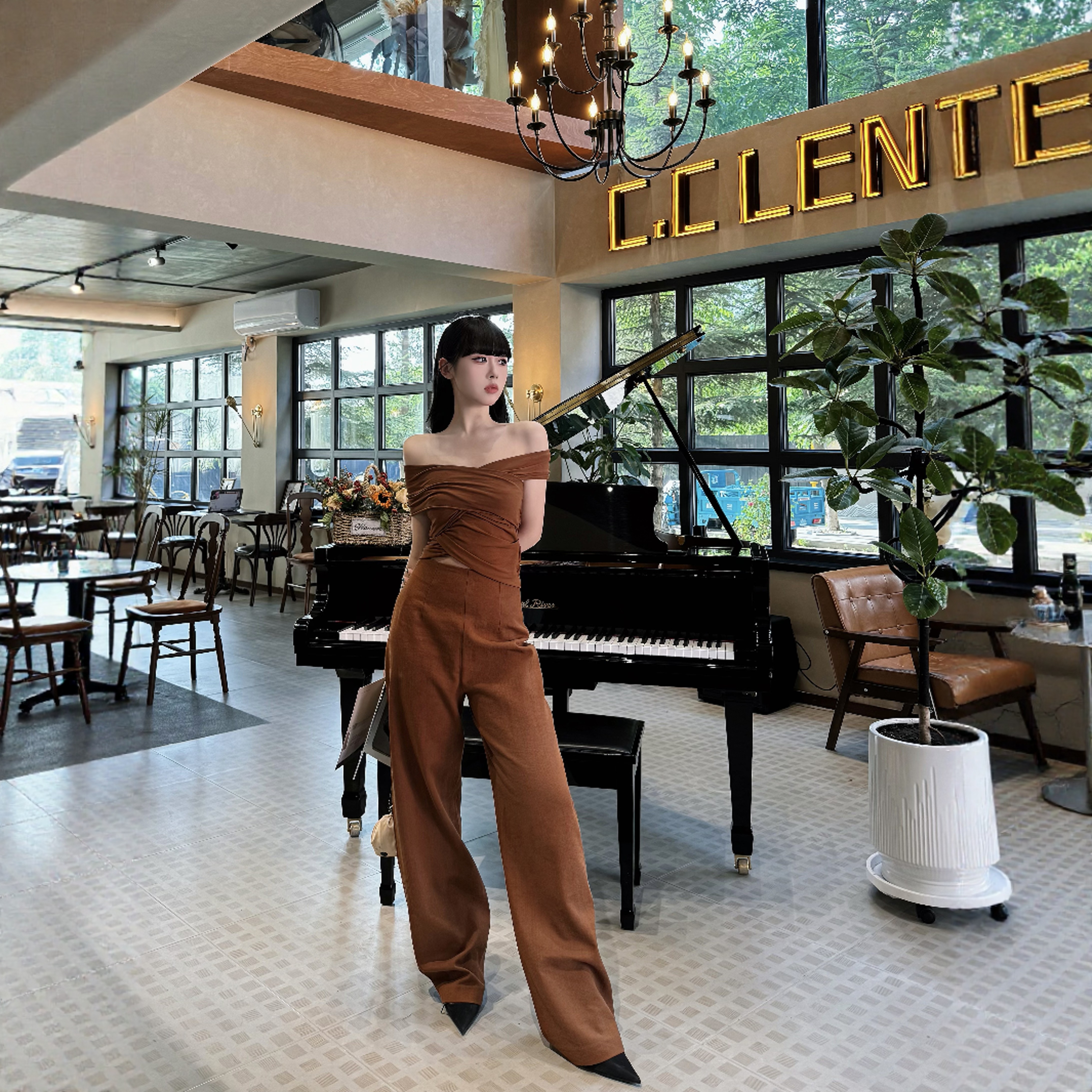 孤品【正版】Corta*n设计师 | 一字肩显锁骨上衣显腿长亚麻阔腿裤