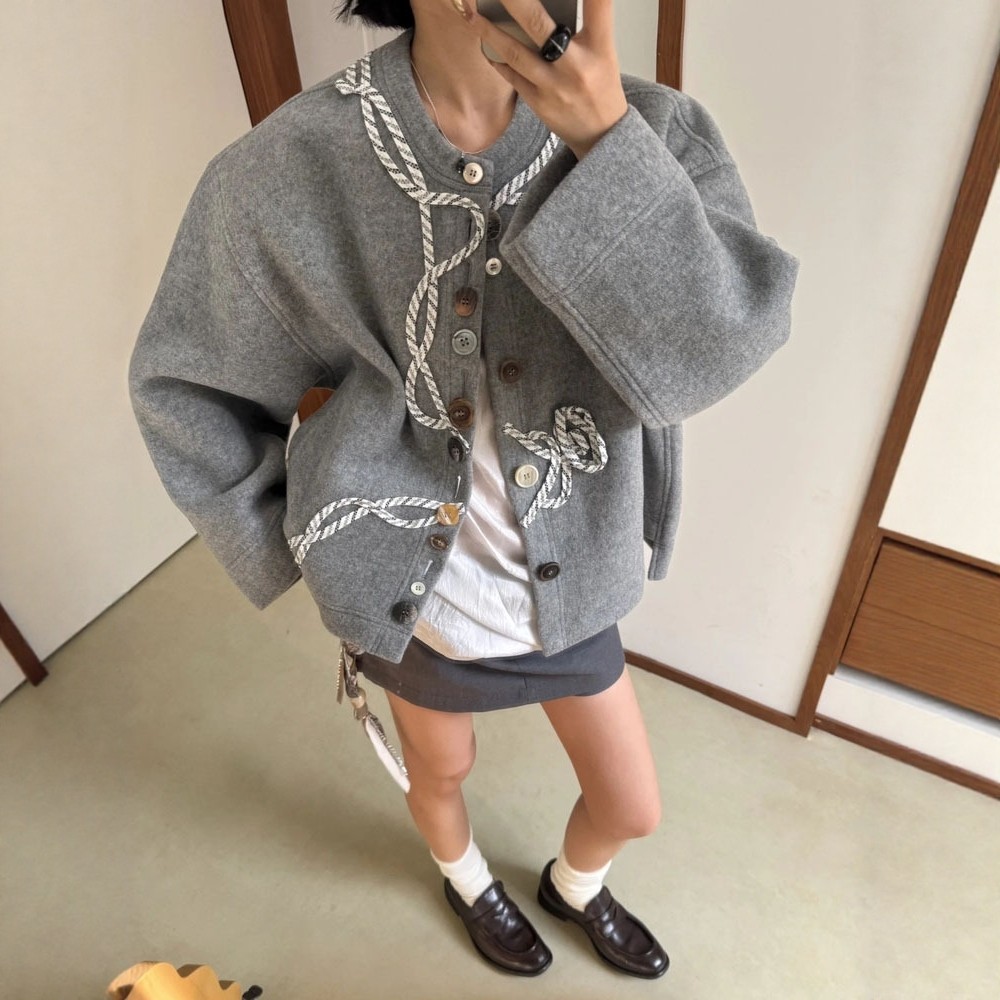 EVAN【顶配高版本●Pronou*e】设计感绳索圆领针织衫羊毛开衫外套