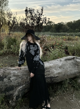 许妍穿搭【对版本 | 三吉*设计师】黑色羊毛拼接针织长裙连衣裙