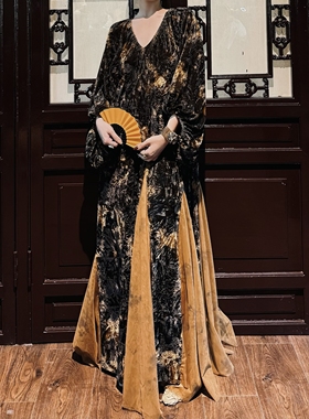 EVAN亿万【正版 |独家】三吉*花 | 新中式显瘦拼接丝绒国风连衣裙