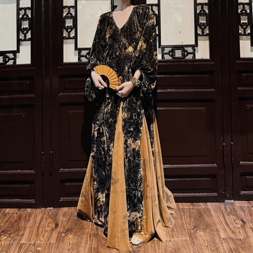 EVAN亿万【正版 |独家】三吉*花 | 新中式显瘦拼接丝绒国风连衣裙