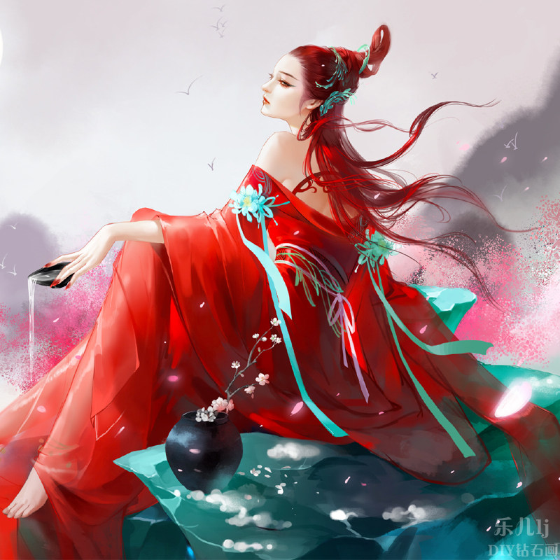 2024新款客厅卧室人物钻石画钻石绣贴钻十字绣卧室红衣古风忘忧醉