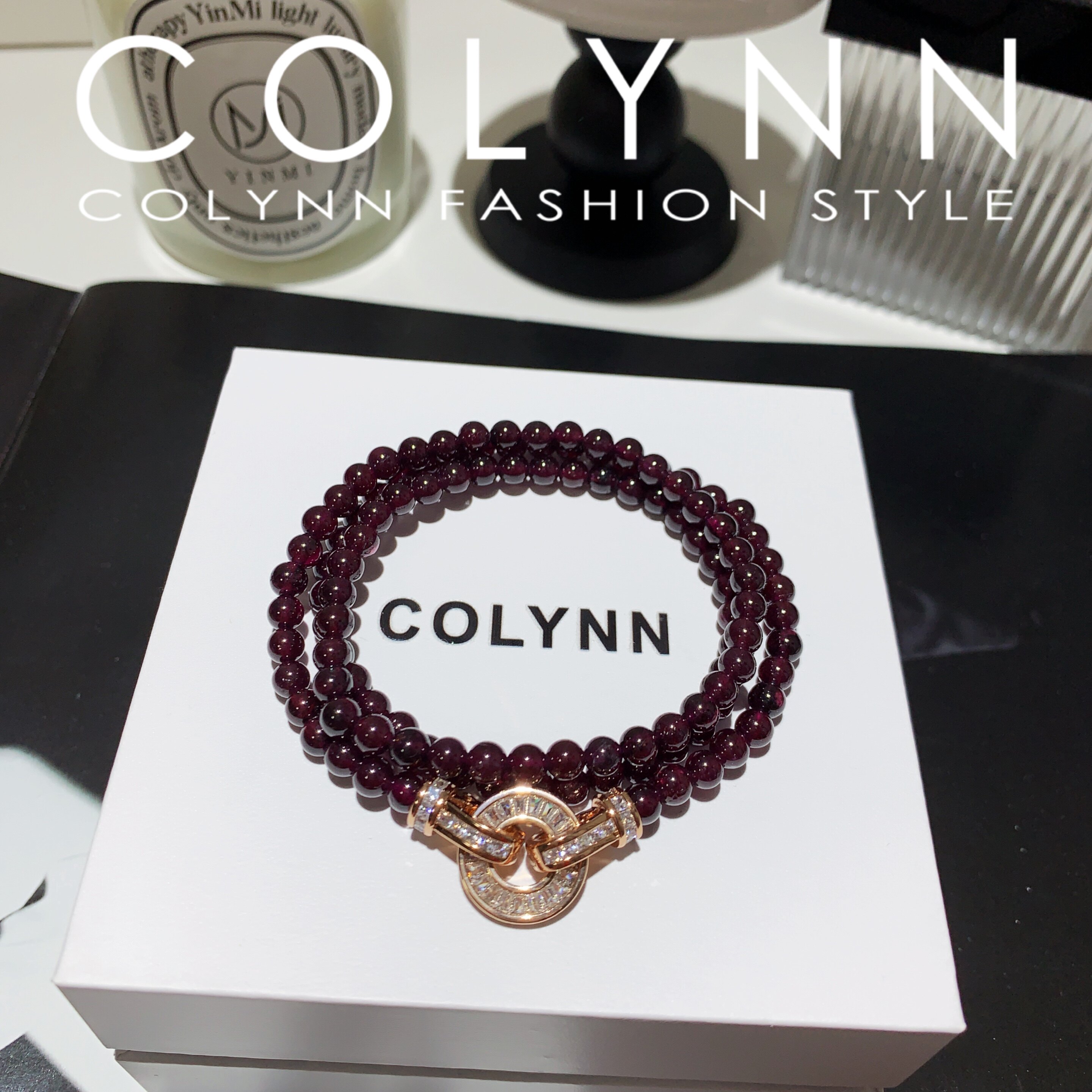 COLYNN天然酒红紫牙乌石榴石三圈手链女款多圈水晶手串首饰送礼