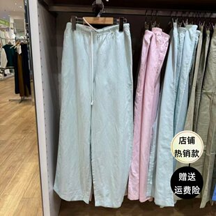 女装麻混纺舒适简约长裤松紧腰休闲宽松裤阔腿裤新款直筒裤482246
