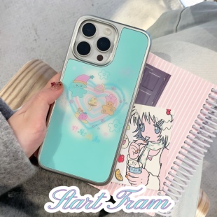 原创始動電車x陈鸡「野餐精灵」夏日薄荷绿早春花草可爱ins风日韩ins适用于苹果16promax电镀银边全包手机壳