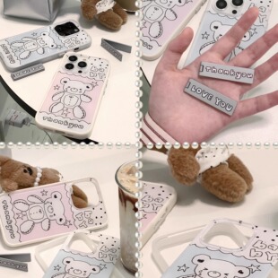 始動電車原创ins小熊情侣款 小众亚克力二合一可拆卸适用于苹果15promax 韩系粉蓝可爱全包个性