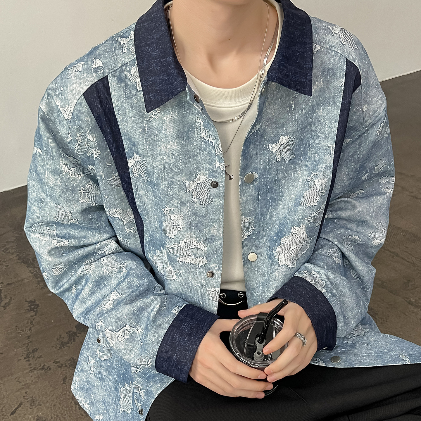 秋季老钱风休闲翻领衬衫拼色上衣A321-CS027-P60,男装衬衫,电商A321
