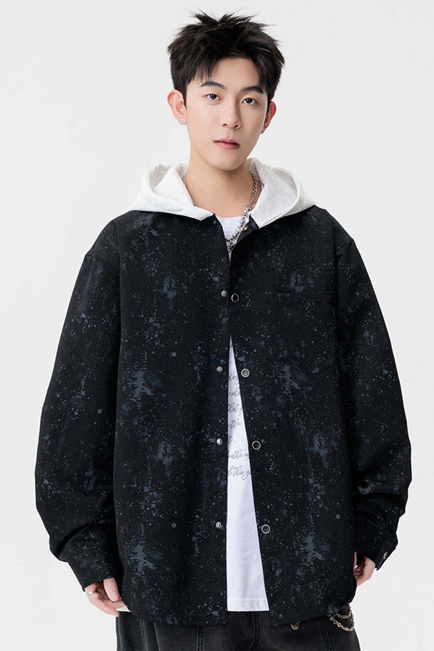秋季泼墨休闲连帽衬衫宽松上衣A321-CS026-P60控99,男装衬衫,电商A321