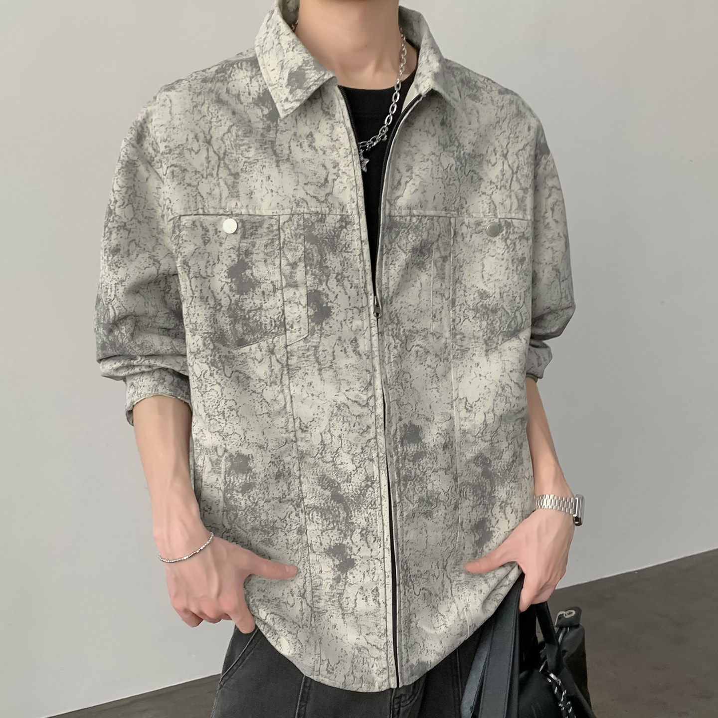 秋季老钱风水墨衬衫百搭休闲长袖衬衣A321-CS038-P70控109,男装衬衫,电商A321