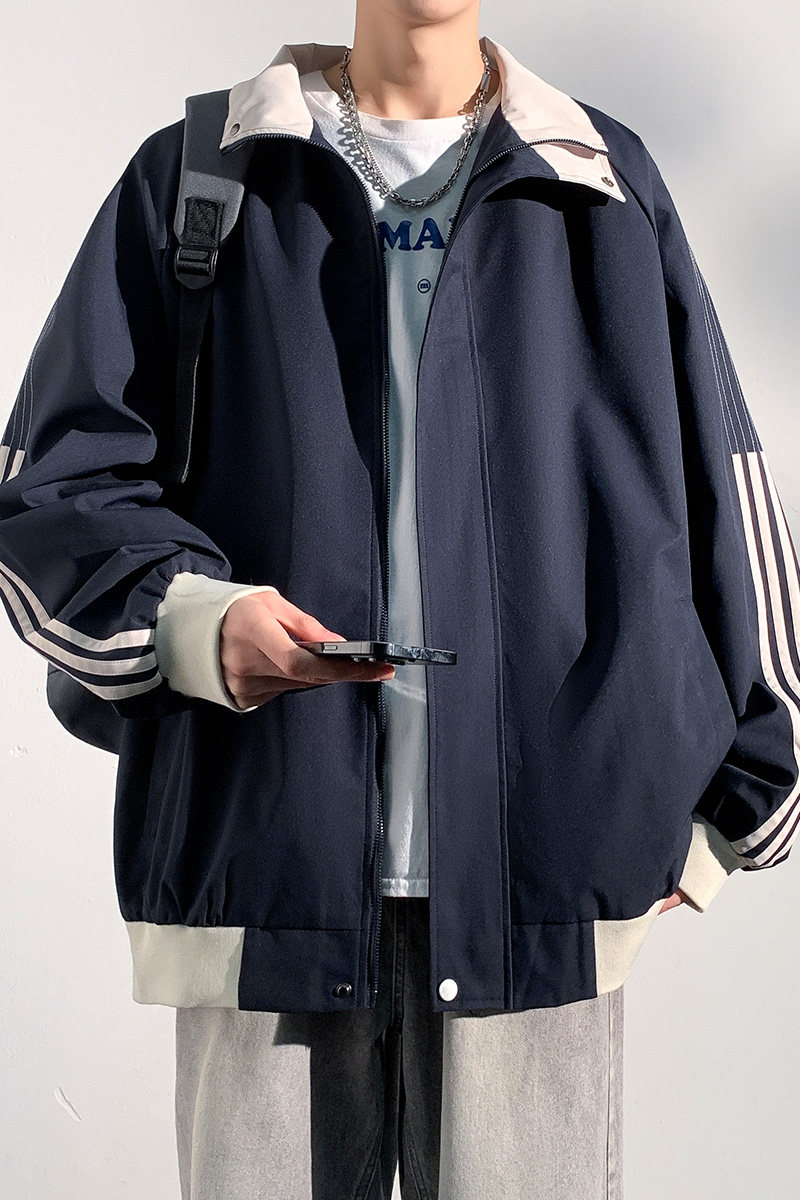现货春秋美式条纹运动立领夹克男女宽松百搭外套A321-J7801-P60,男装夹克,电商A321