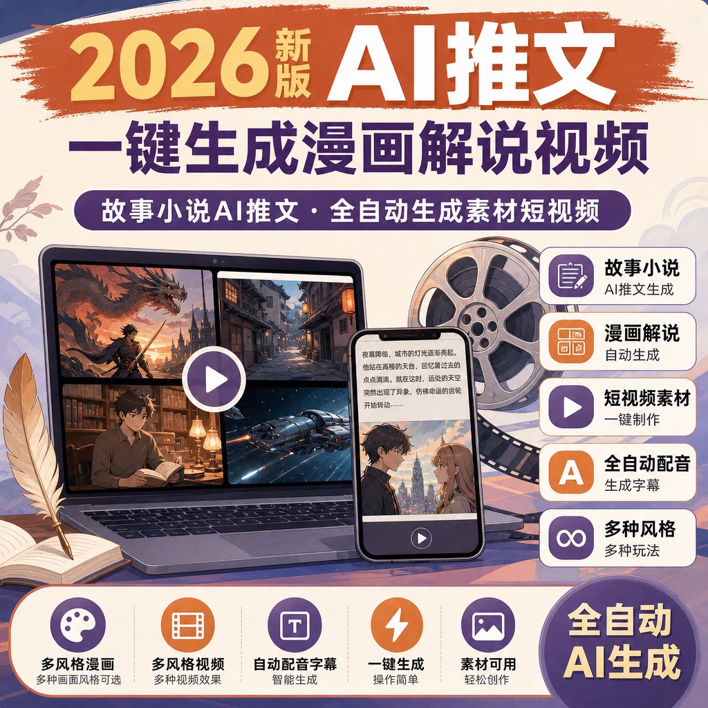 2026故事小说AI推文一键生成漫画解说视频短视频素材自动配音字幕