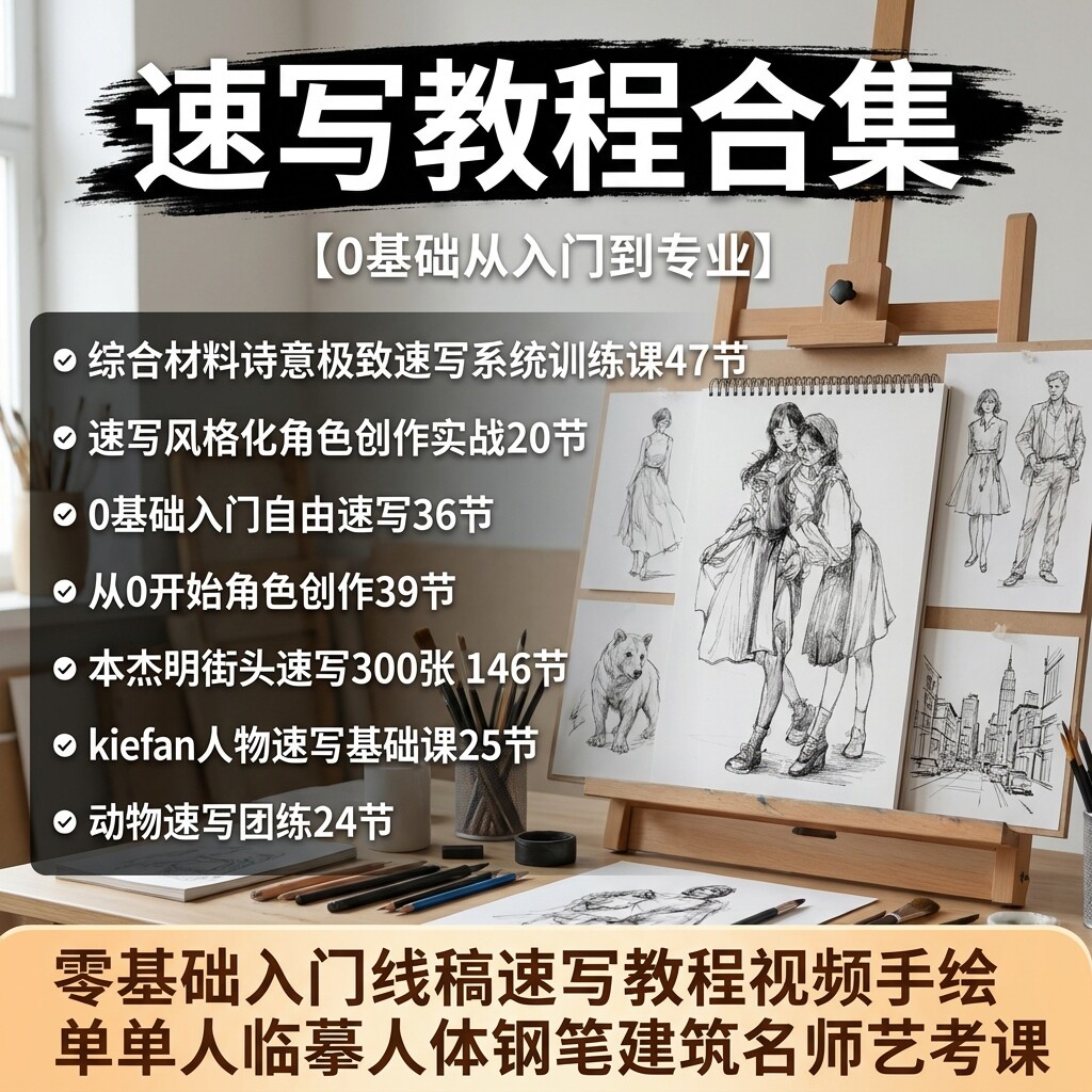 零基础速写教程人物动物建筑手绘临摹本杰明艺考钢笔线稿全套视频