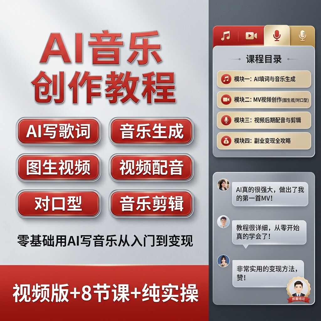 零基础AI音乐创作教程填词配乐对口型剪辑MV制作副业变现实操课