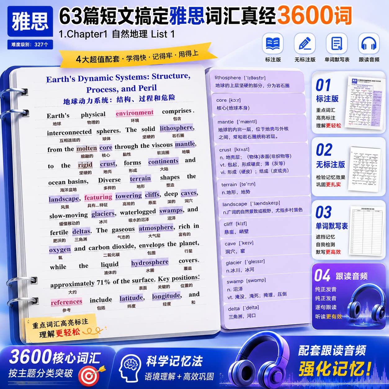 雅思备考63篇短文雅思词汇3600词PDF资料含默写表跟读音频多版本