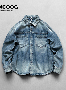 凡购2026春季美式潮牌多口袋复古翻领外套做旧水洗长袖牛仔衬衫男