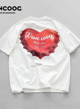 VANCOOG25夏季潮牌350克宽松白色上衣印花纯棉圆领美式短袖T恤男
