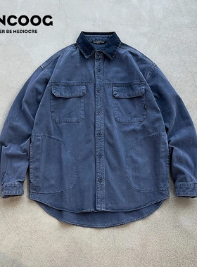 VANCOOG春装美式潮成衣套染复古宽松衬衫百搭多袋撞色工装夹克男