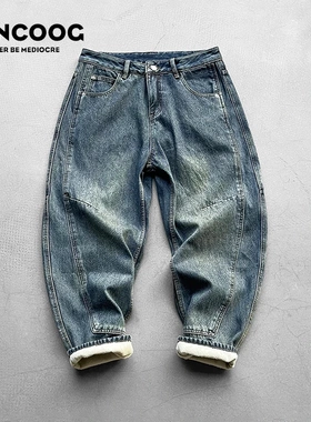 VANCOOG冬季美式潮牌立体剪裁宽松加绒长裤加厚保暖锥形牛仔裤男