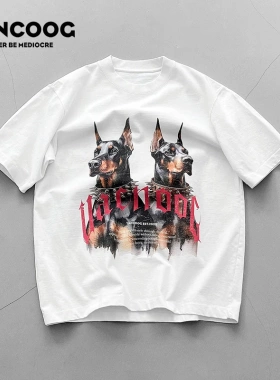 VANCOOG美式潮牌上衣杜宾狗印花350克纯棉宽松夏季短袖圆领T恤男