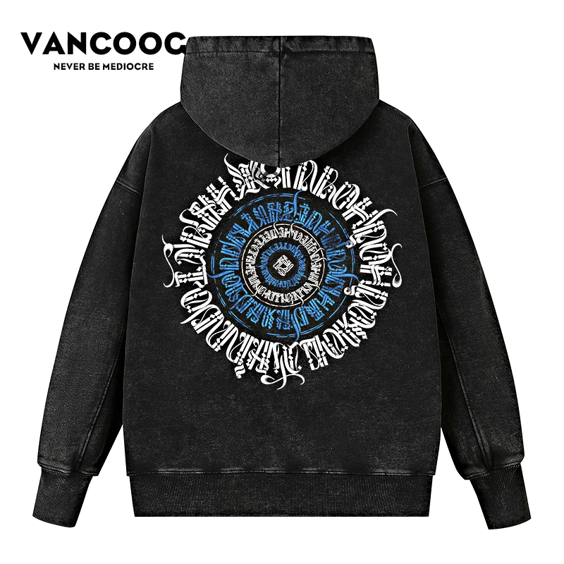 VANCOOG秋季美式潮牌重磅500克奇卡诺印花宽松水洗做旧连帽卫衣男
