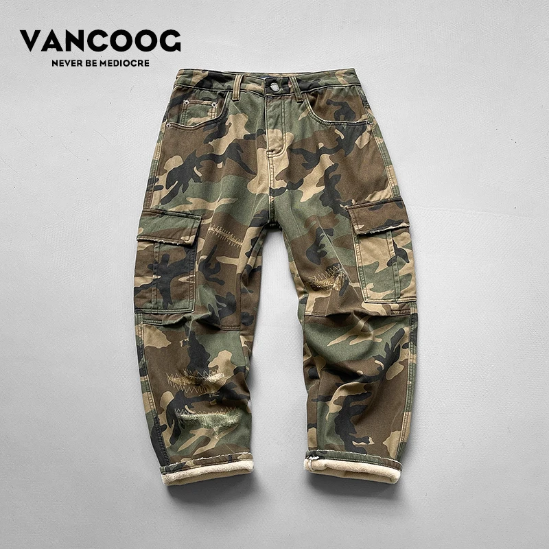 VANCOOG冬季加绒长裤宽松小脚哈伦裤水洗迷彩多口袋加厚休闲裤男